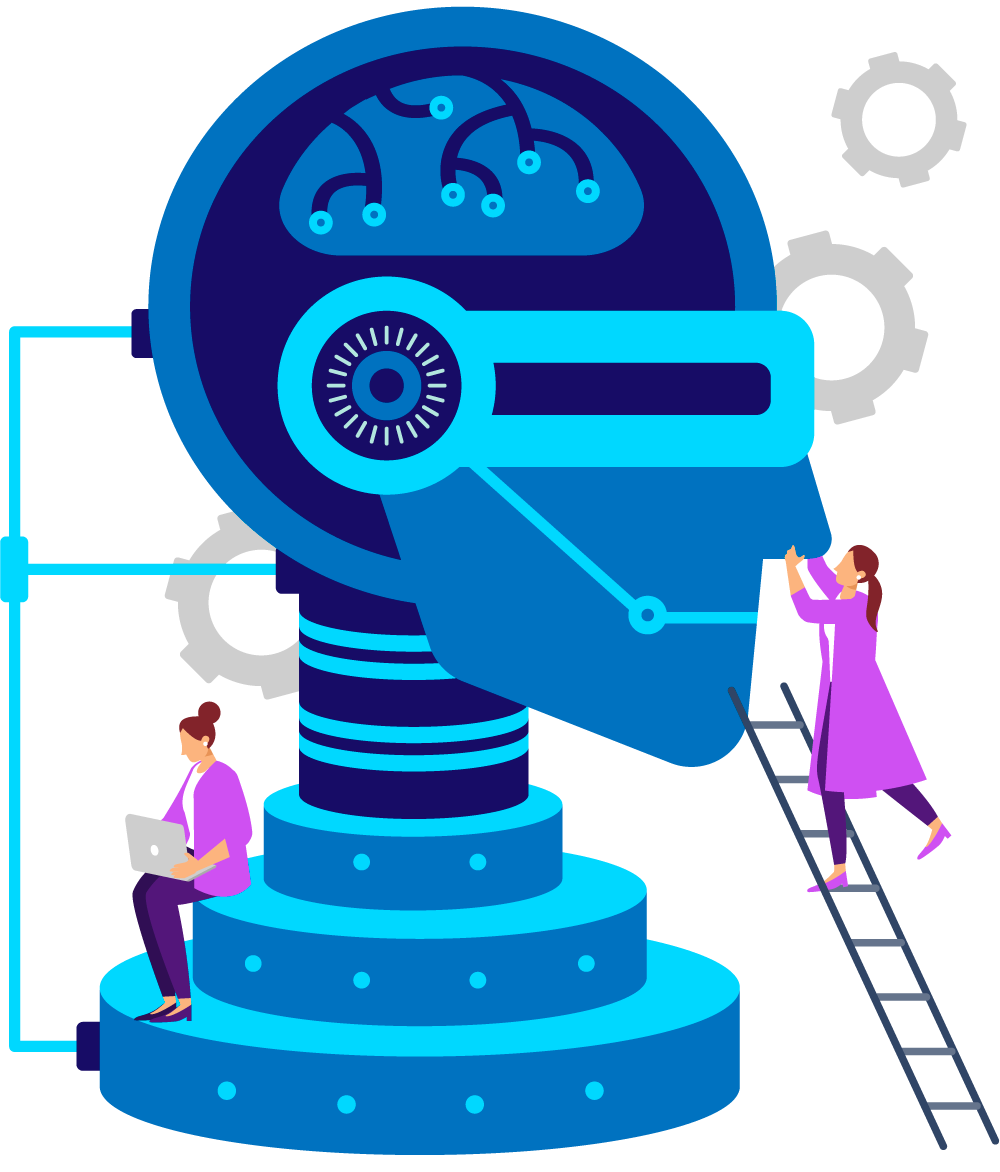 Illustration of a robot head with people working on it, representing the use of AI in different industries