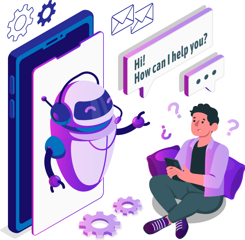 Illustration of a robot assistant interacting with a user on a mobile phone